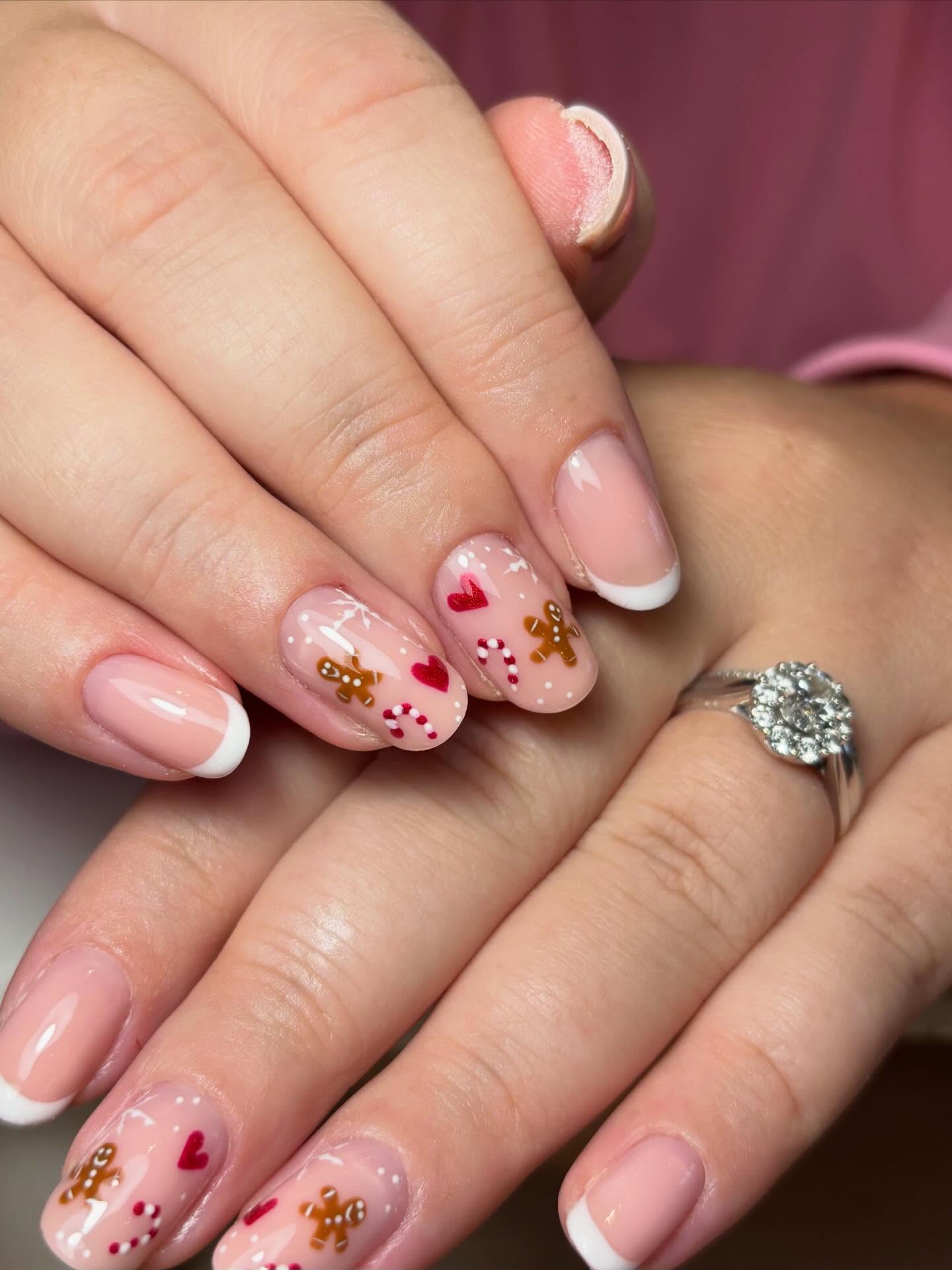 Gingerbread French Manicure with Candy Cane Accents