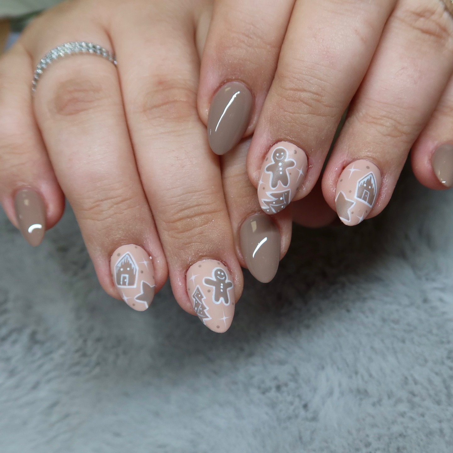 Gingerbread House Almond French Tip Nails