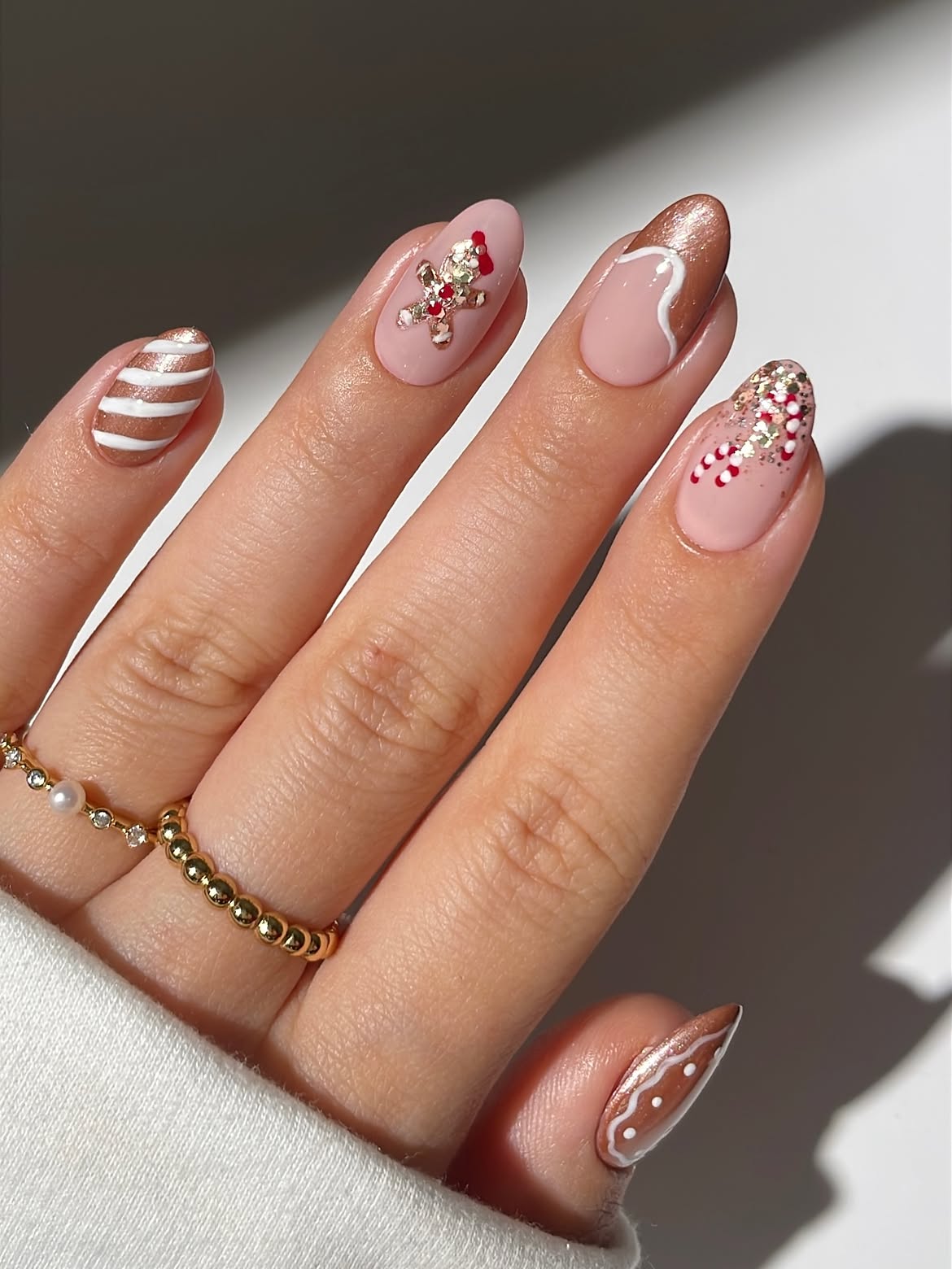 Gingerbread Man & Candy Cane Holiday Almond Nails