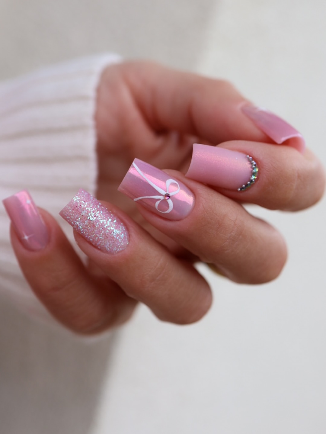 Glazed Pink Square Nails With White Bows And Rhinestones