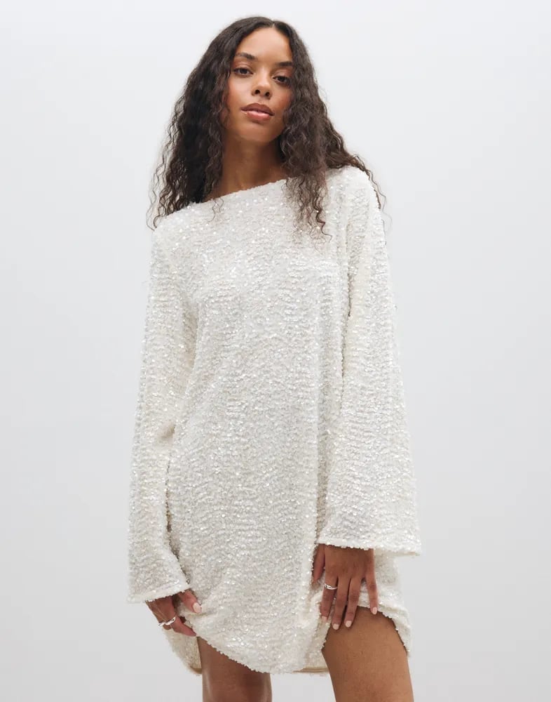 White Sequin Shift Dress with Long Sleeves — Glitter Dresses