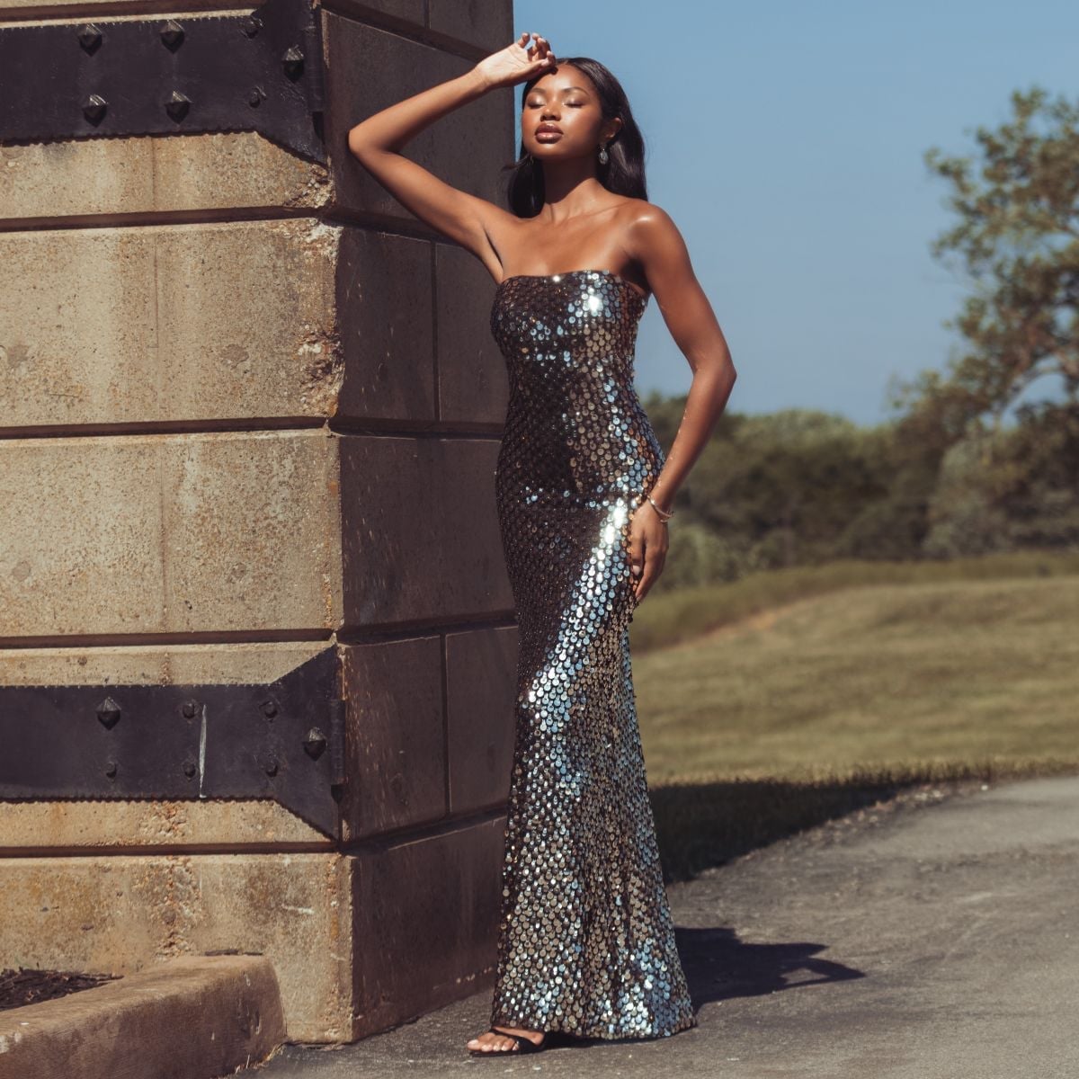 Silver and Black Sequin Column Gown — Glitter Dresses