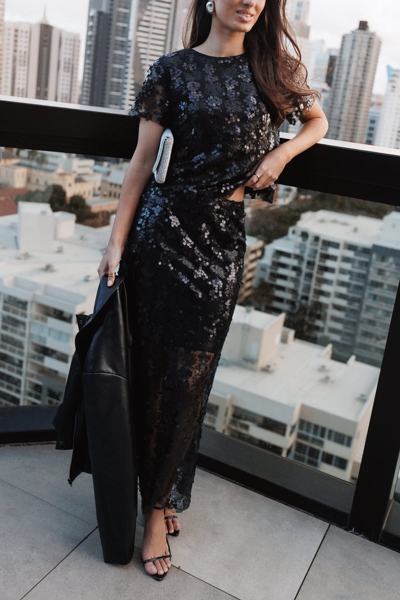 Black Sequined Crop Top and Maxi Skirt Set — Glitter Dresses