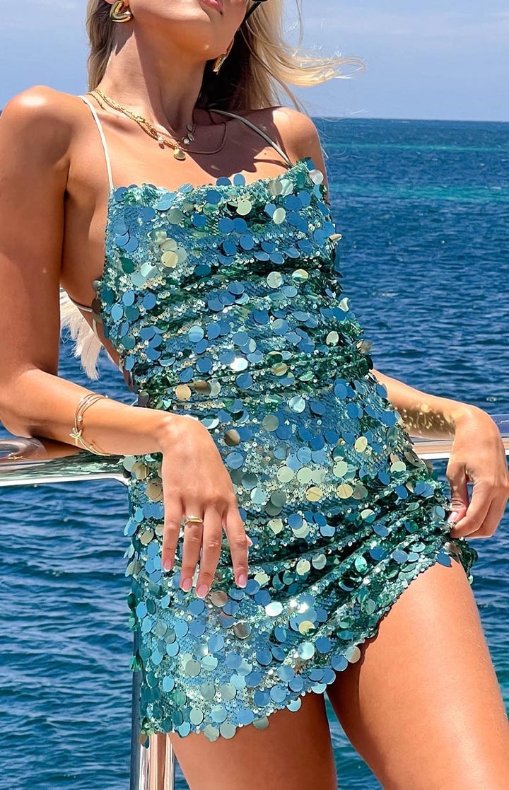 Teal Sequin Mini Dress with Low Back Detail — Glitter Dresses