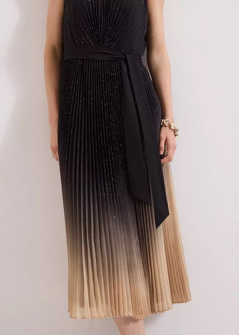 Ombre Glitter Pleated Midi Dress with Sash — Glitter Dresses
