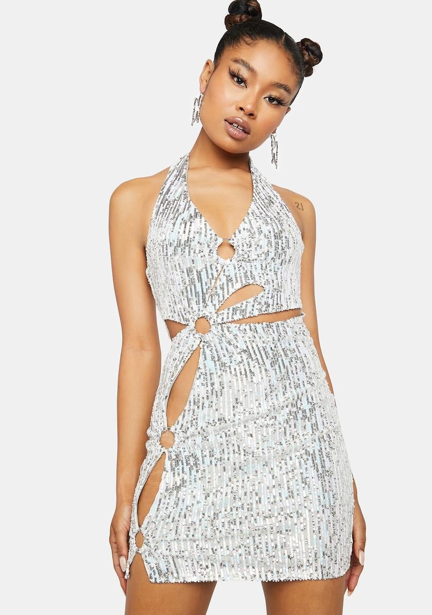 Silver Sequined Two-Piece Set with Cut-Outs — Glitter Dresses