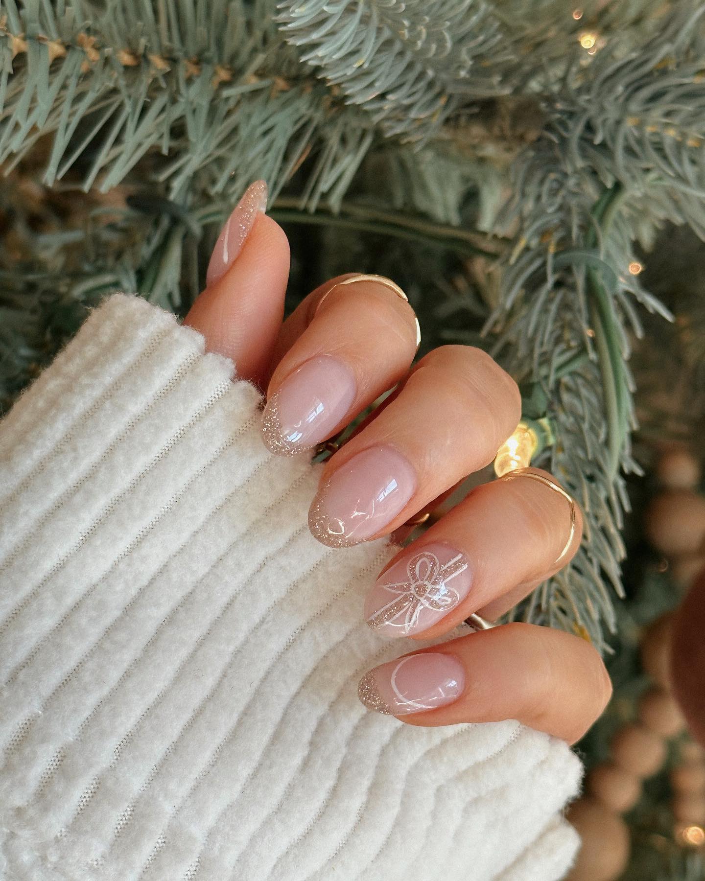 Glitter French Bow Detail Almond Nails