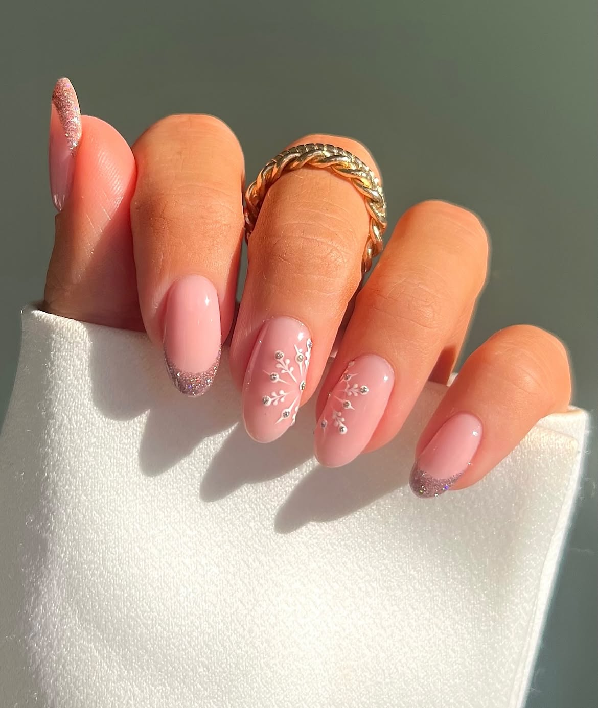 Glitter French Tips with Delicate White Snowflakes