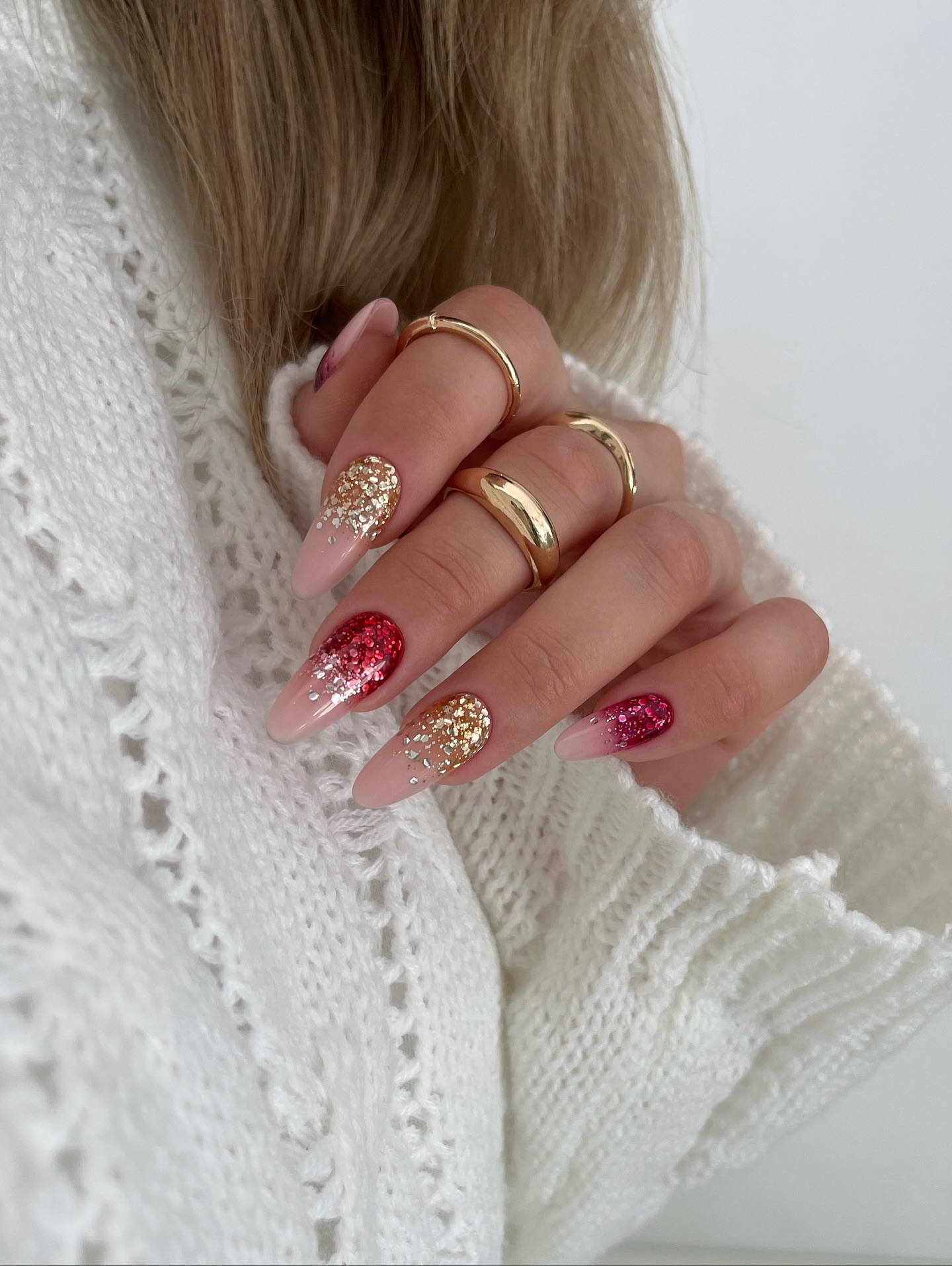 Glitter Ombre Almond Nails With Rhinestone Accents