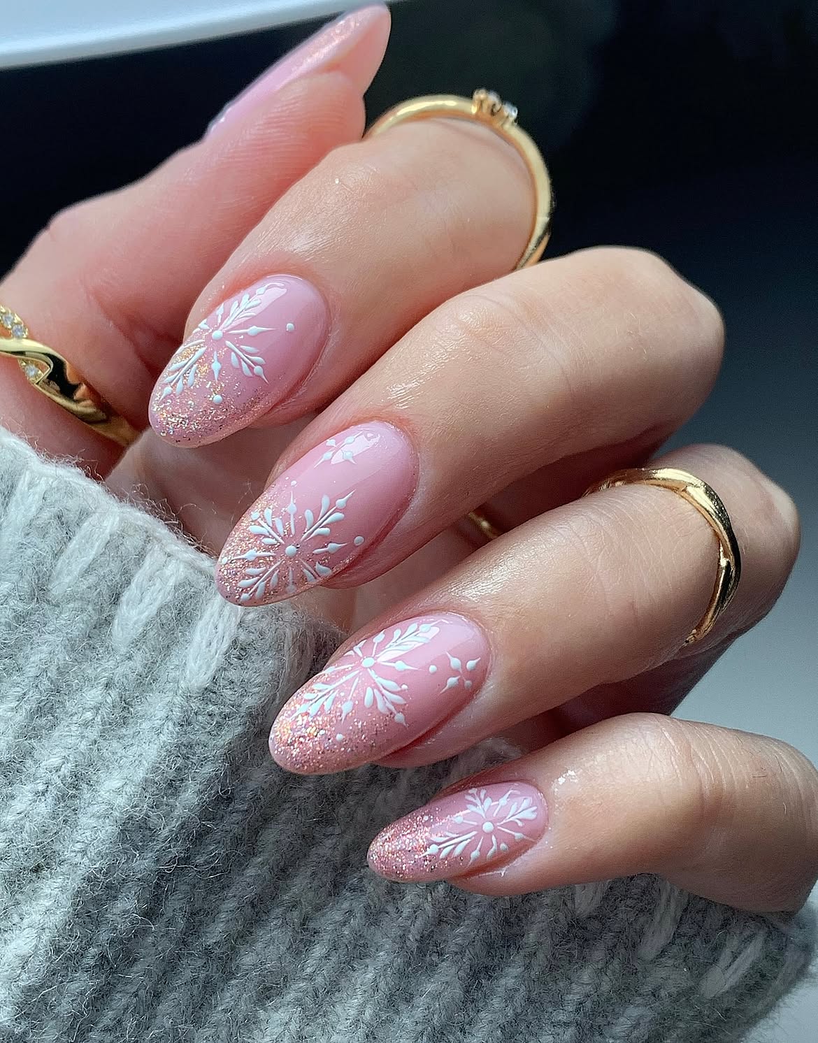 Glitter Pink Snowflake Almond Winter Nails