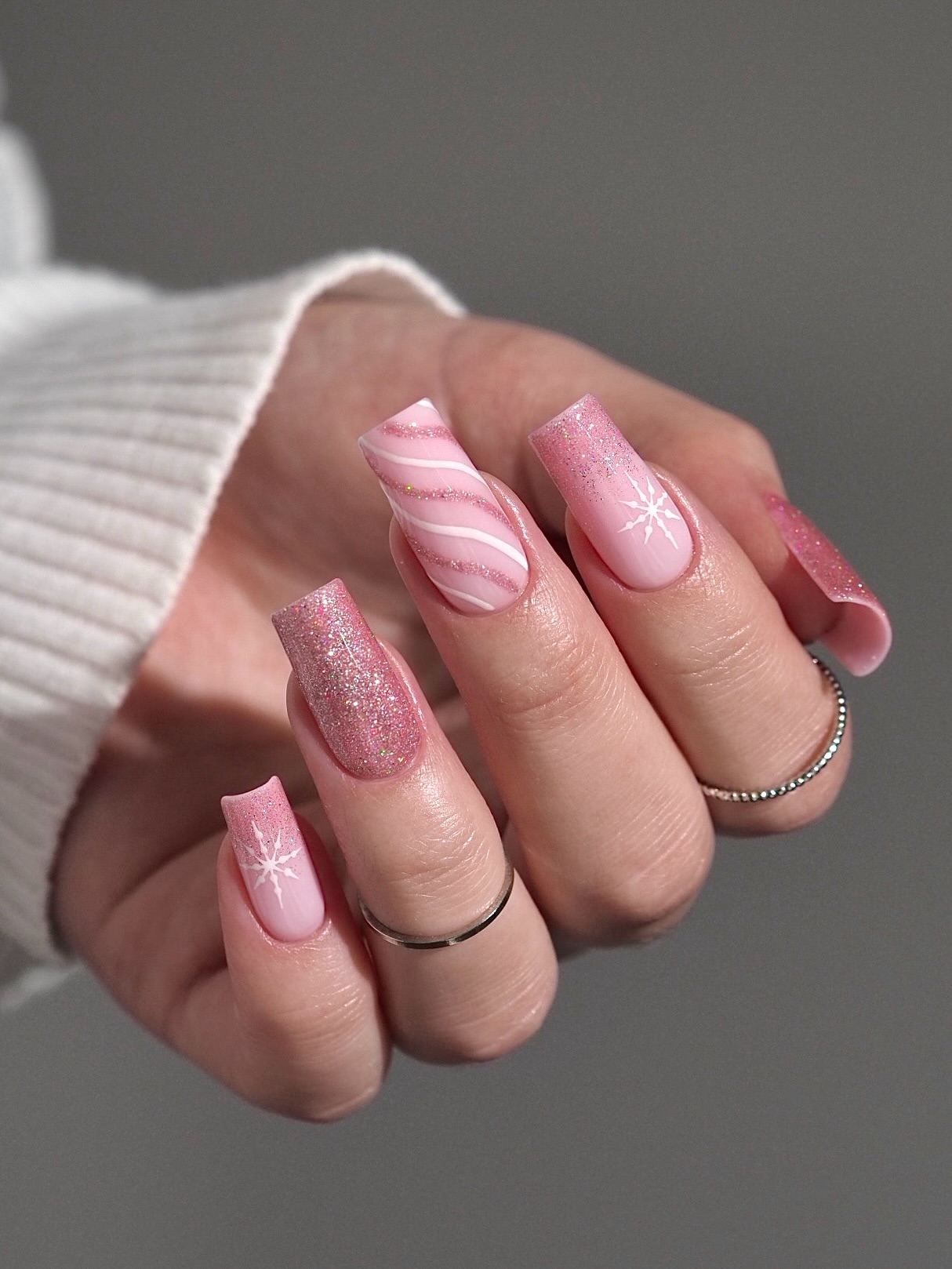 Glitter Pink Snowflake Square Winter Nails