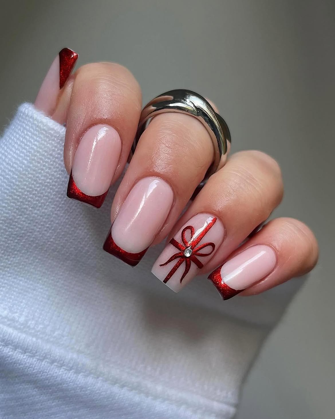Glitter Red French Gift Bow Nails