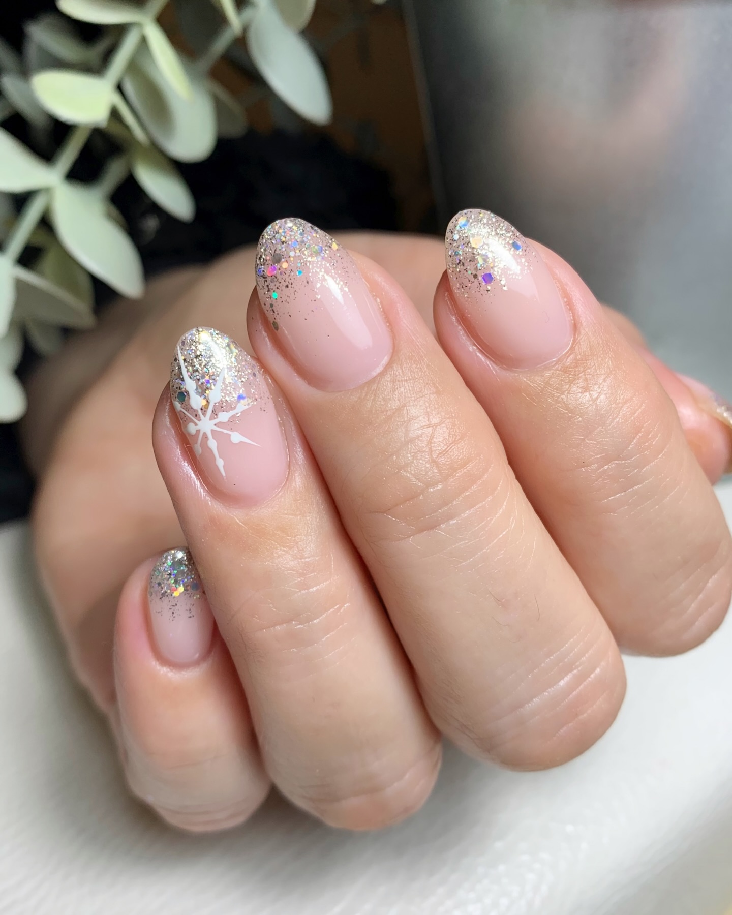 Glitter Snowflake French Ombre Almond Nails