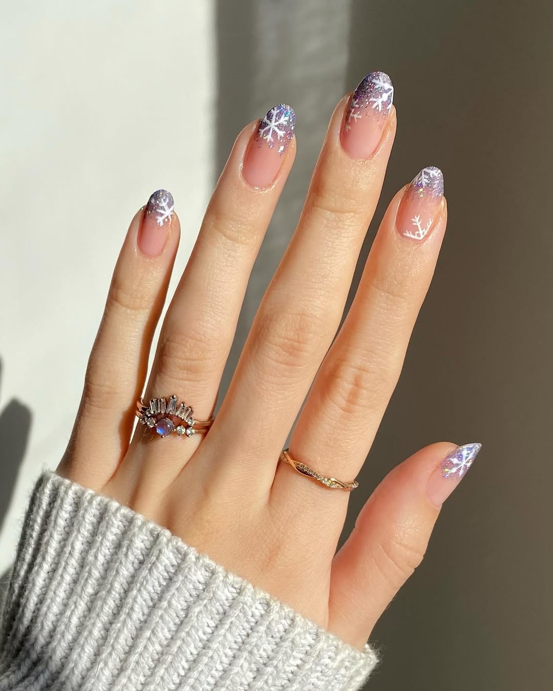 Glittering Snowflake French Ombre Almond Nails
