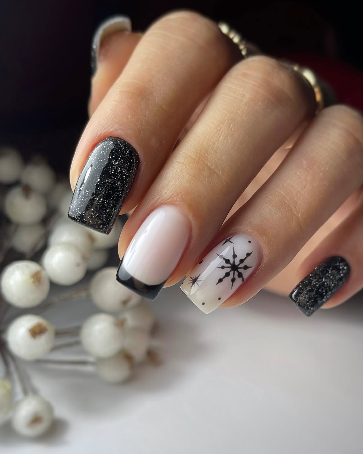 Glittery Black French with Snowflake Art