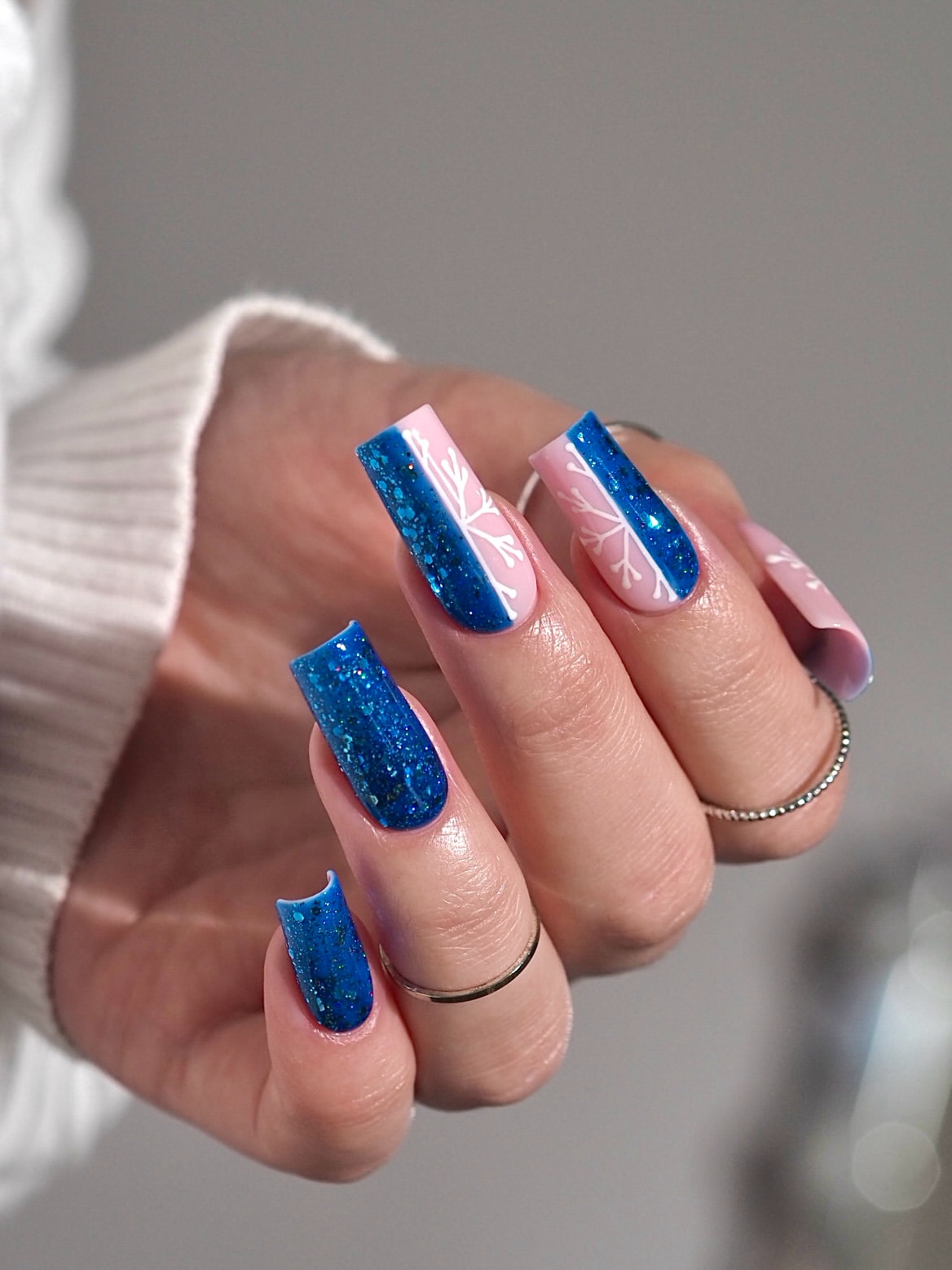 Glittery Blue Split Nail Art Winter Design
