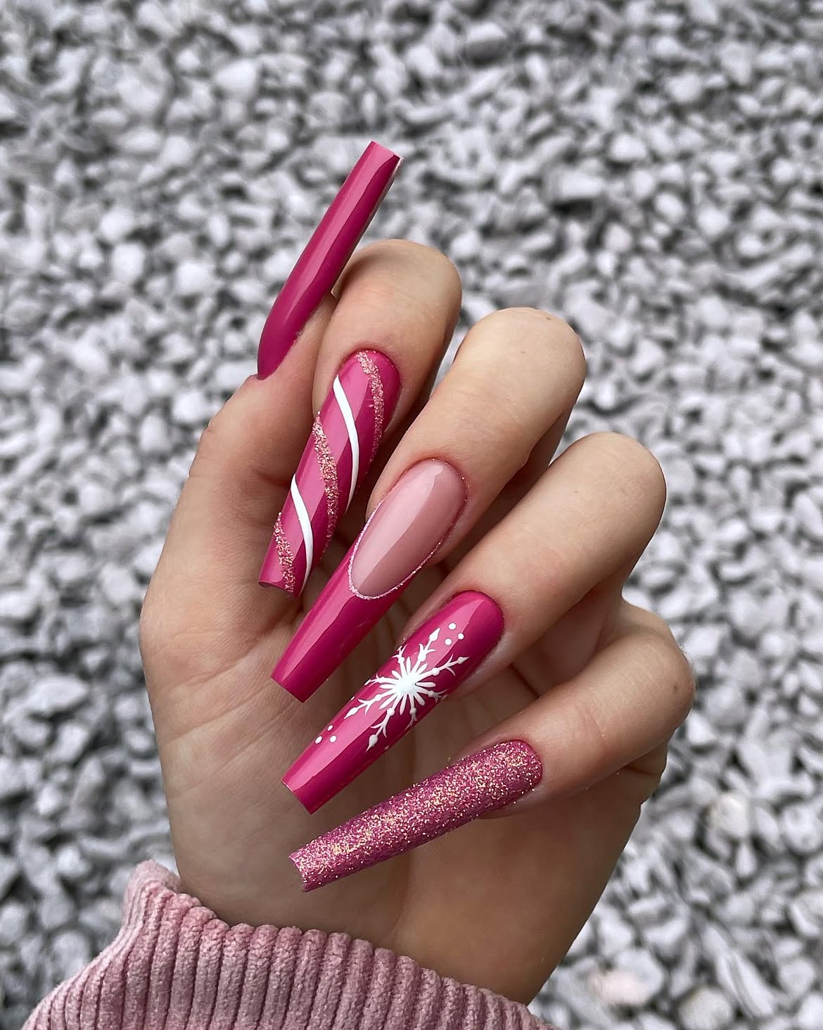 Glossy Magenta Snowflake And Candy Cane Coffin Nails