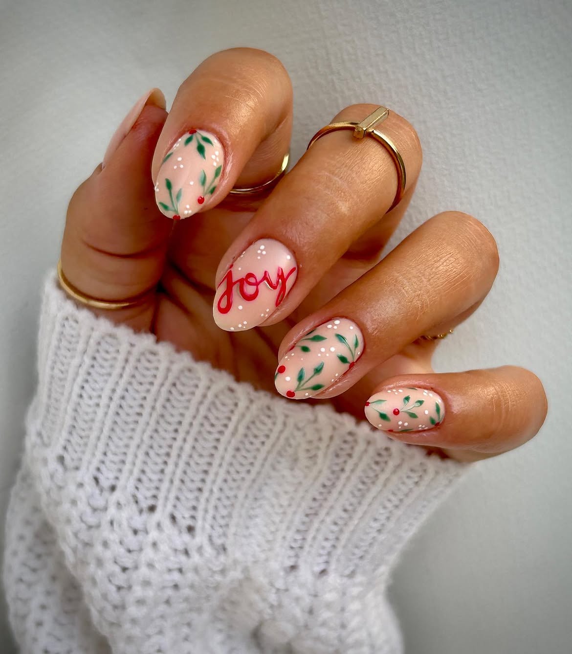 Glossy Nude Holly Leaf Christmas Nail Art