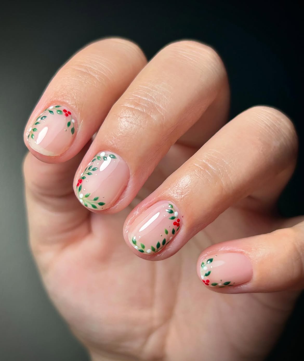 Glossy Nude Nails With Hand Painted Christmas Wreaths