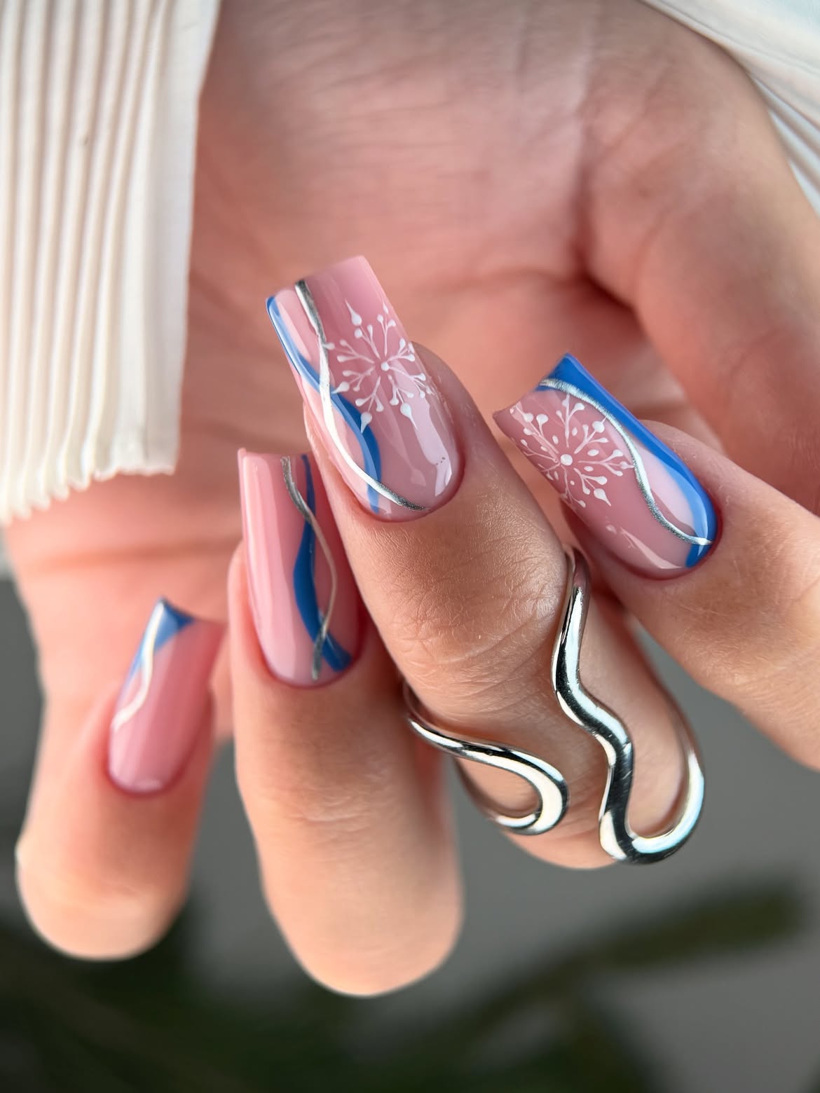 Glossy Pink Blue Snowflake Long Square Nails