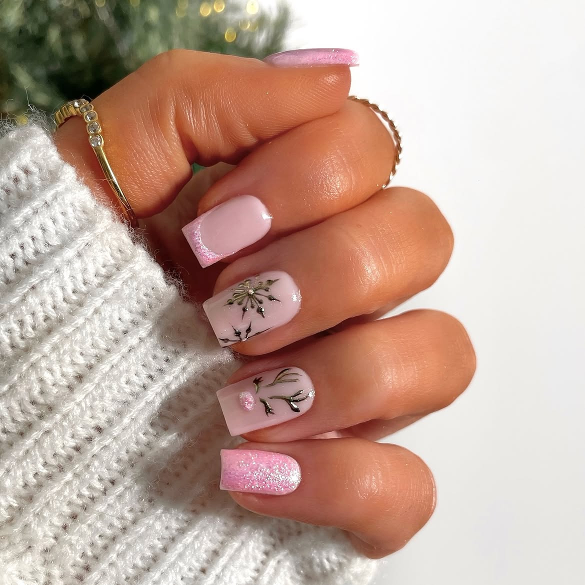 Glossy Pink Holiday Nail Art With Glitter Accent