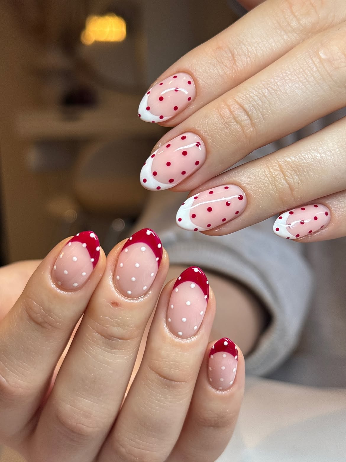 Glossy Polka Dot French Tip Almond Nails