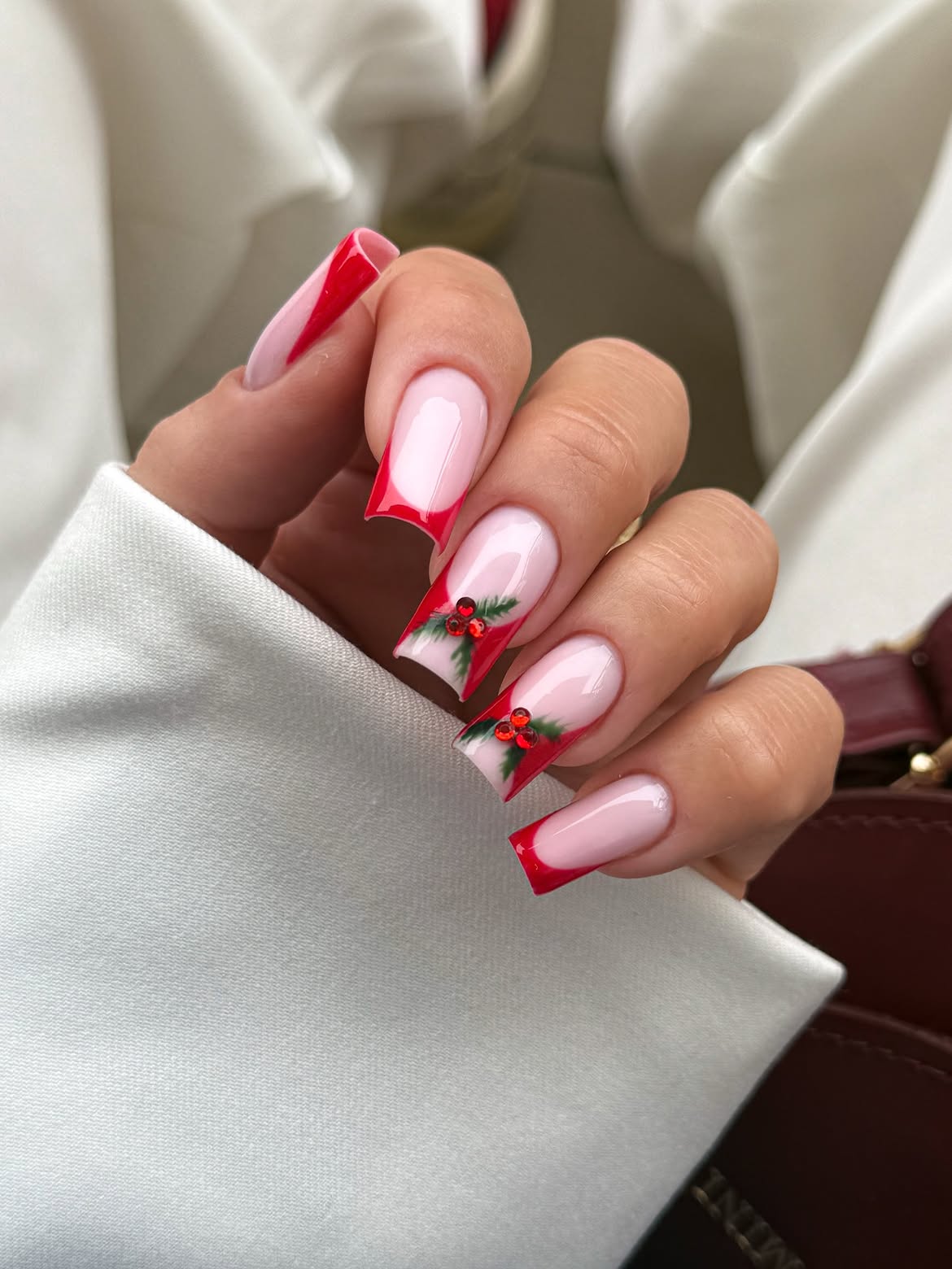 Glossy Red French Tips With Christmas Holly Art