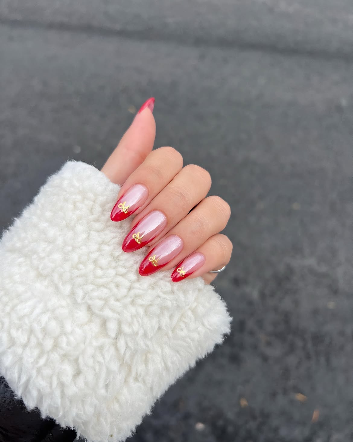 Glossy Red French Tips With Gold Bows