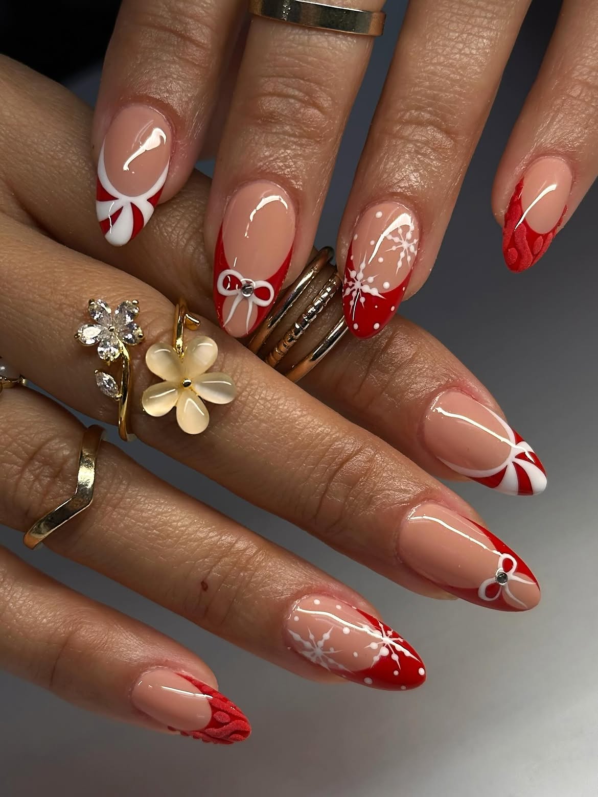 Glossy Red French Tips With Snowflakes And Bows