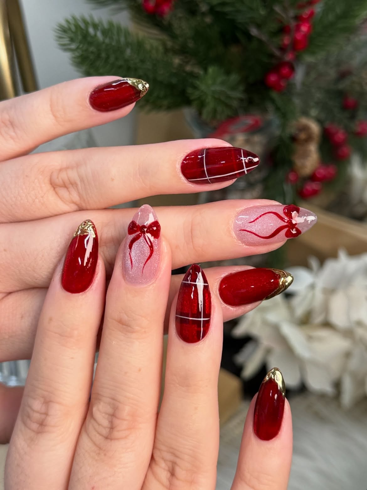 Glossy Red Plaid Christmas Almond Nails
