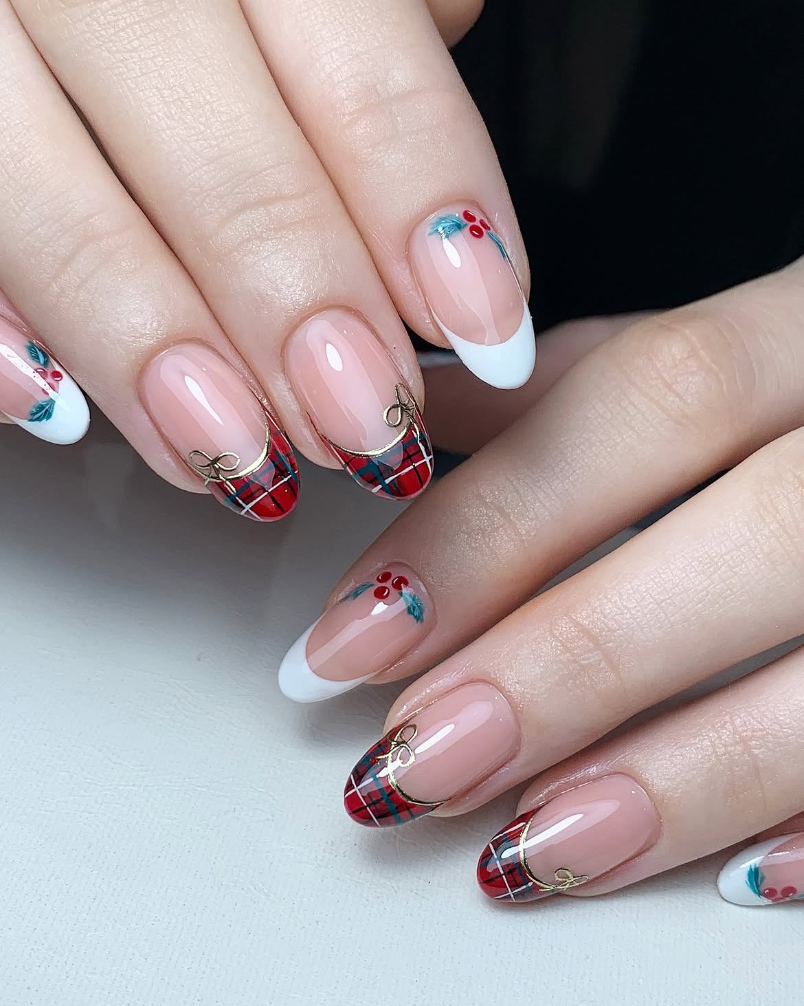 Glossy Red Tartan Plaid French Tip Nails