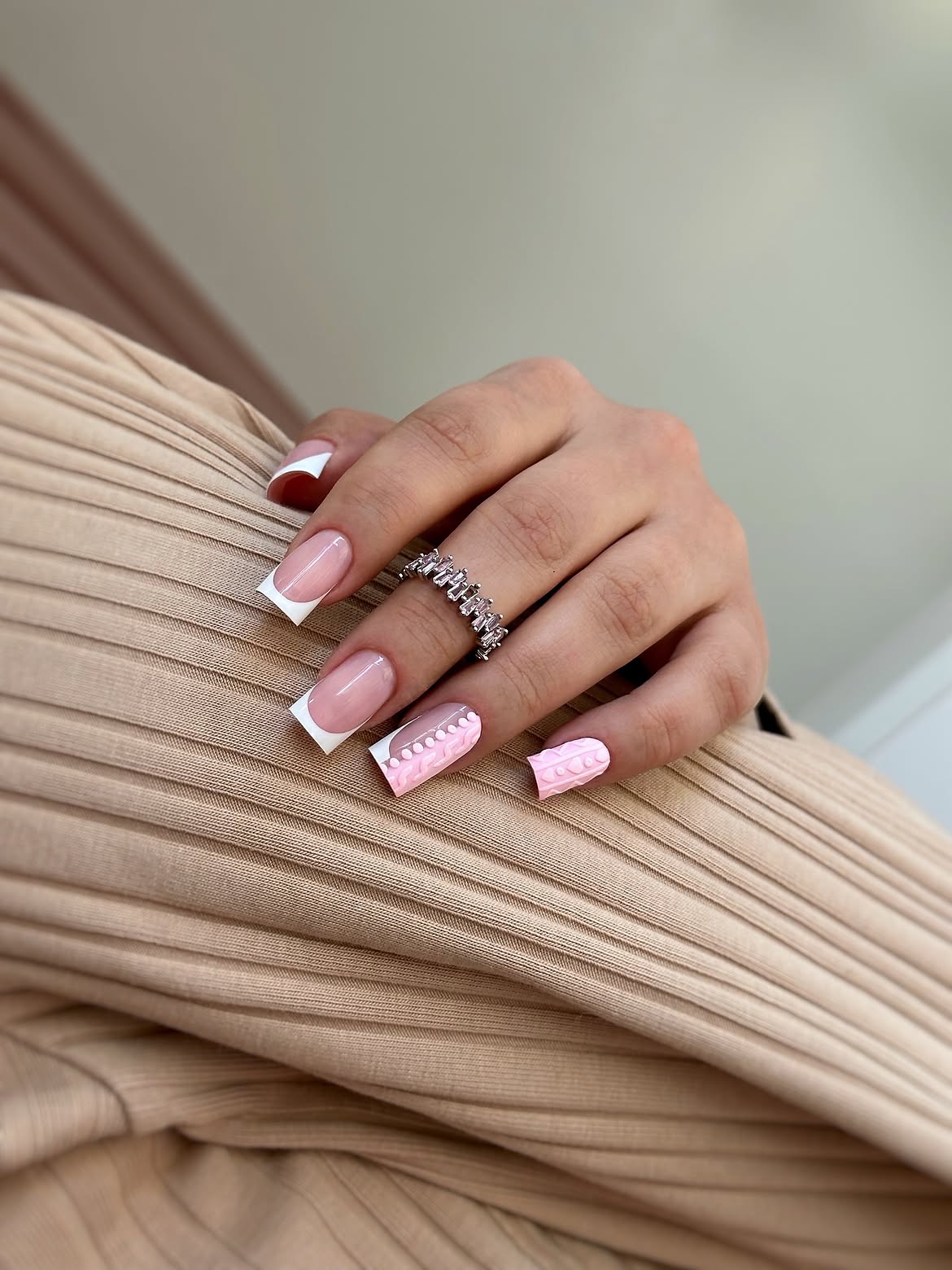 Glossy White French Tip And Pink Knit Sweater Nails