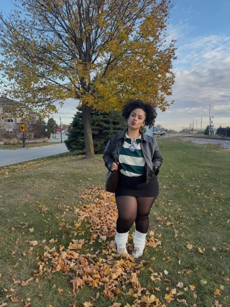 Leather Jacket, Striped Top, Mini Skirt, and Sneakers Leather Jacket, Striped Top, Mini Skirt, and Sneakers — Going Out Outfits Black Women