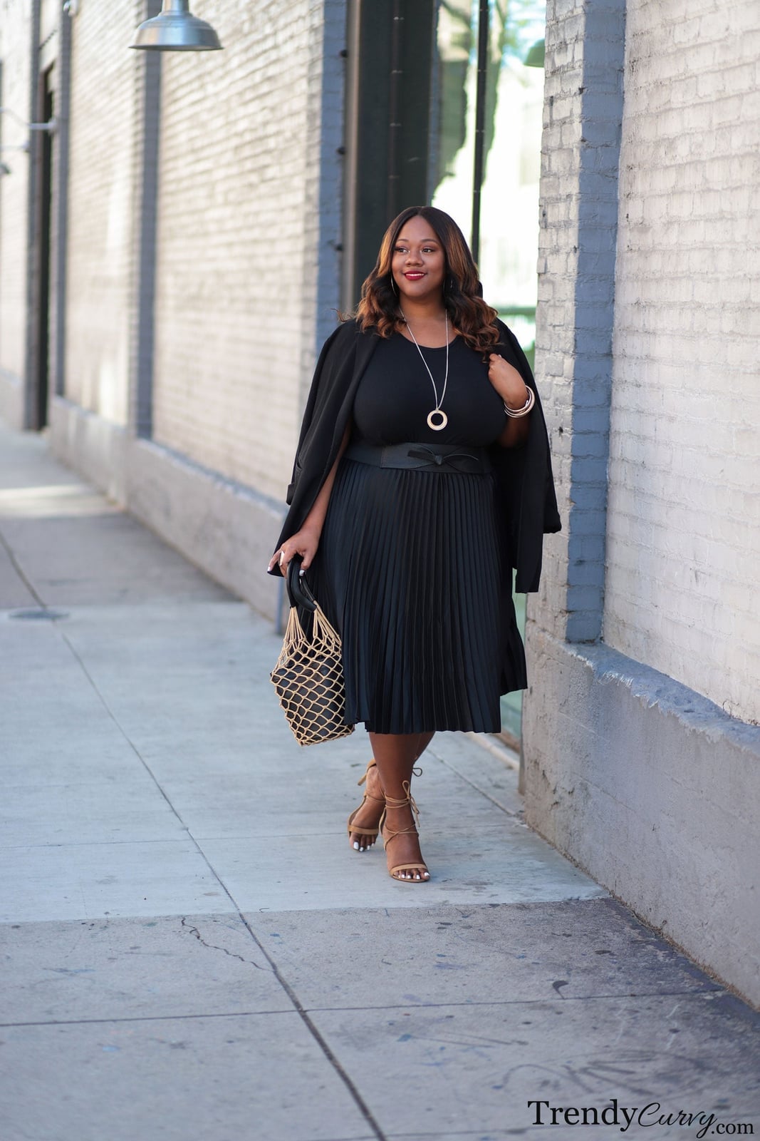 Black Pleated Midi Skirt with Draped Blazer and Tote Black Pleated Midi Skirt with Draped Blazer and Tote — Going Out Outfits Black Women