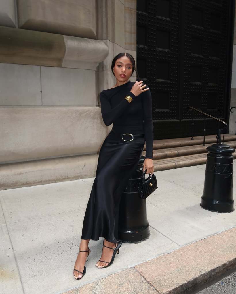 Black Satin Skirt with Long-Sleeve Top and Strappy Heels Black Satin Skirt with Long-Sleeve Top and Strappy Heels — Going Out Outfits Black Women