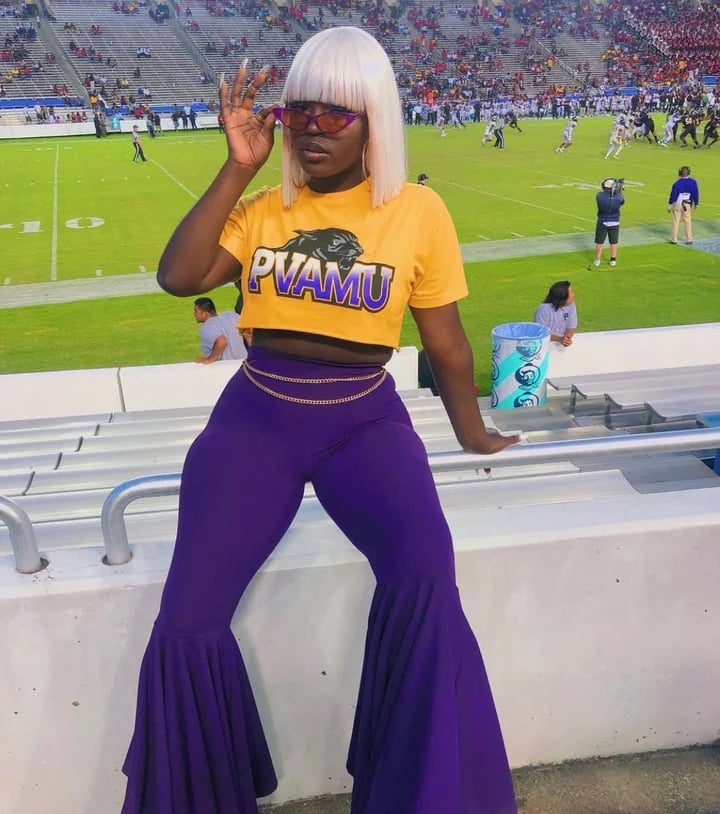 Yellow Cropped Tee with Purple Bell-Bottom Pants Yellow Cropped Tee with Purple Bell-Bottom Pants — Going Out Outfits Black Women