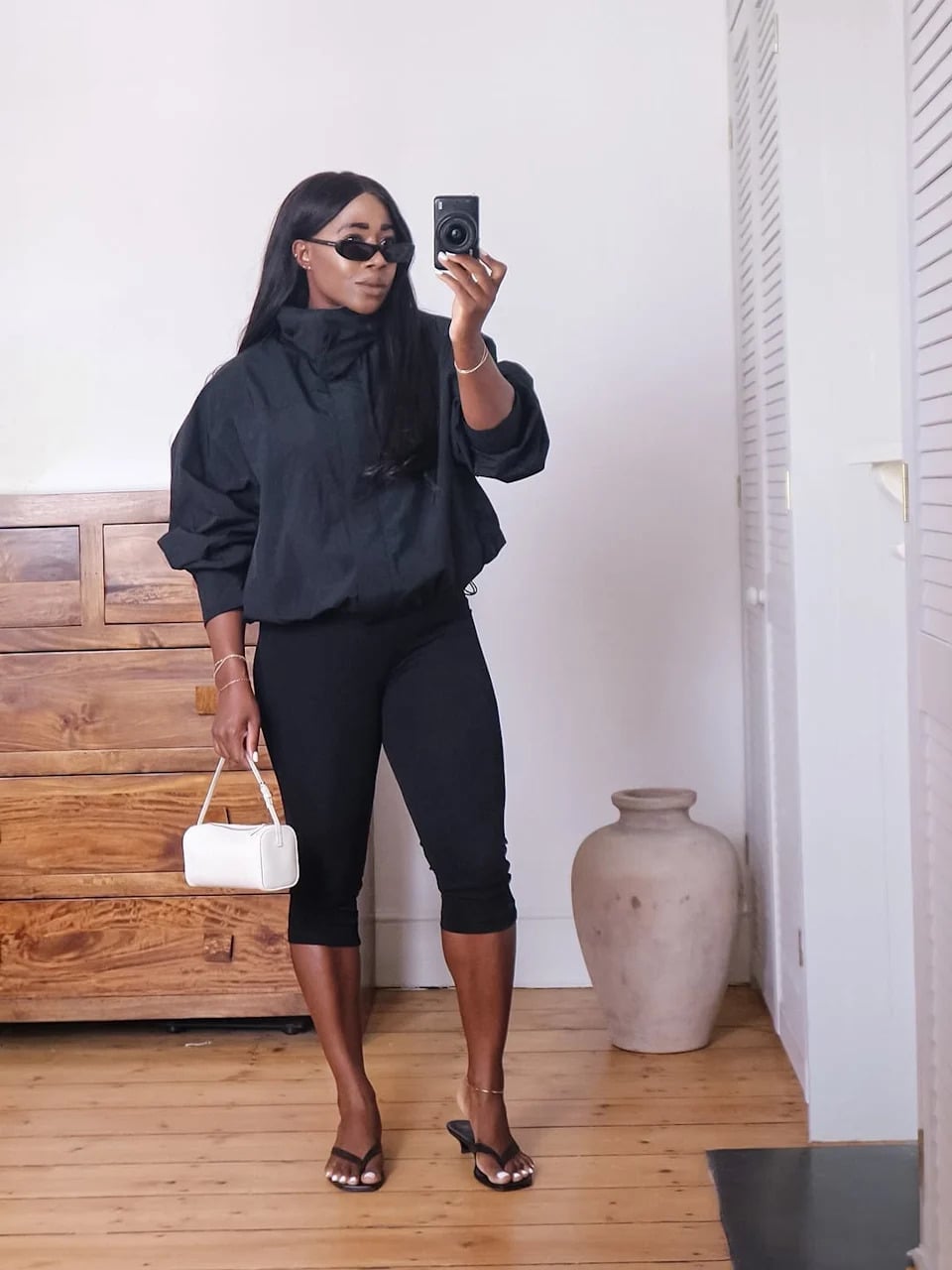 Cropped Black Jacket Over White Top with Capri Leggings Cropped Black Jacket Over White Top with Capri Leggings — Going Out Outfits Black Women