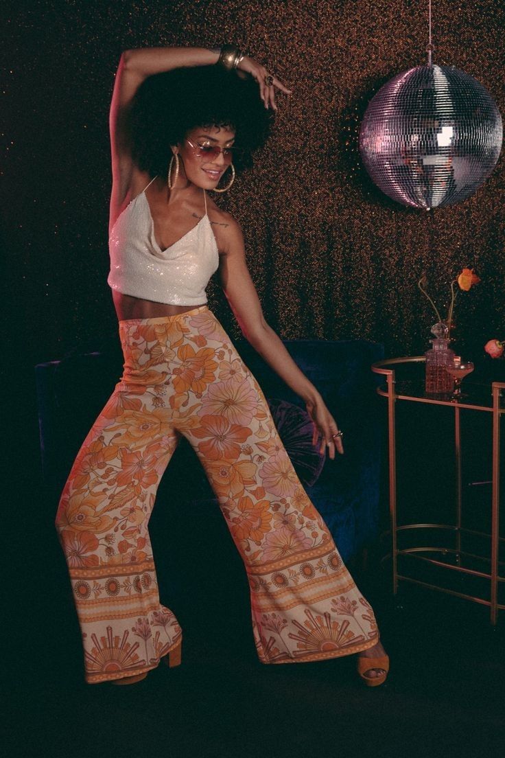 Sequined Halter Top with Floral Print Wide-Leg Pants Sequined Halter Top with Floral Print Wide-Leg Pants — Going Out Outfits Black Women