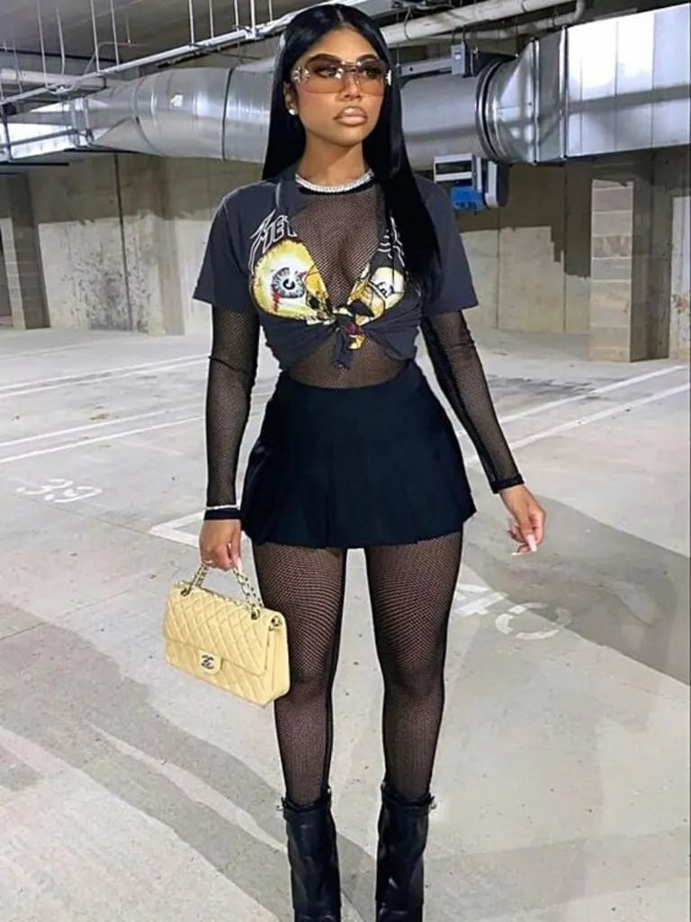 Layered Mesh and Graphic Tee with Mini Skirt and Boots Layered Mesh and Graphic Tee with Mini Skirt and Boots — Going Out Outfits Black Women