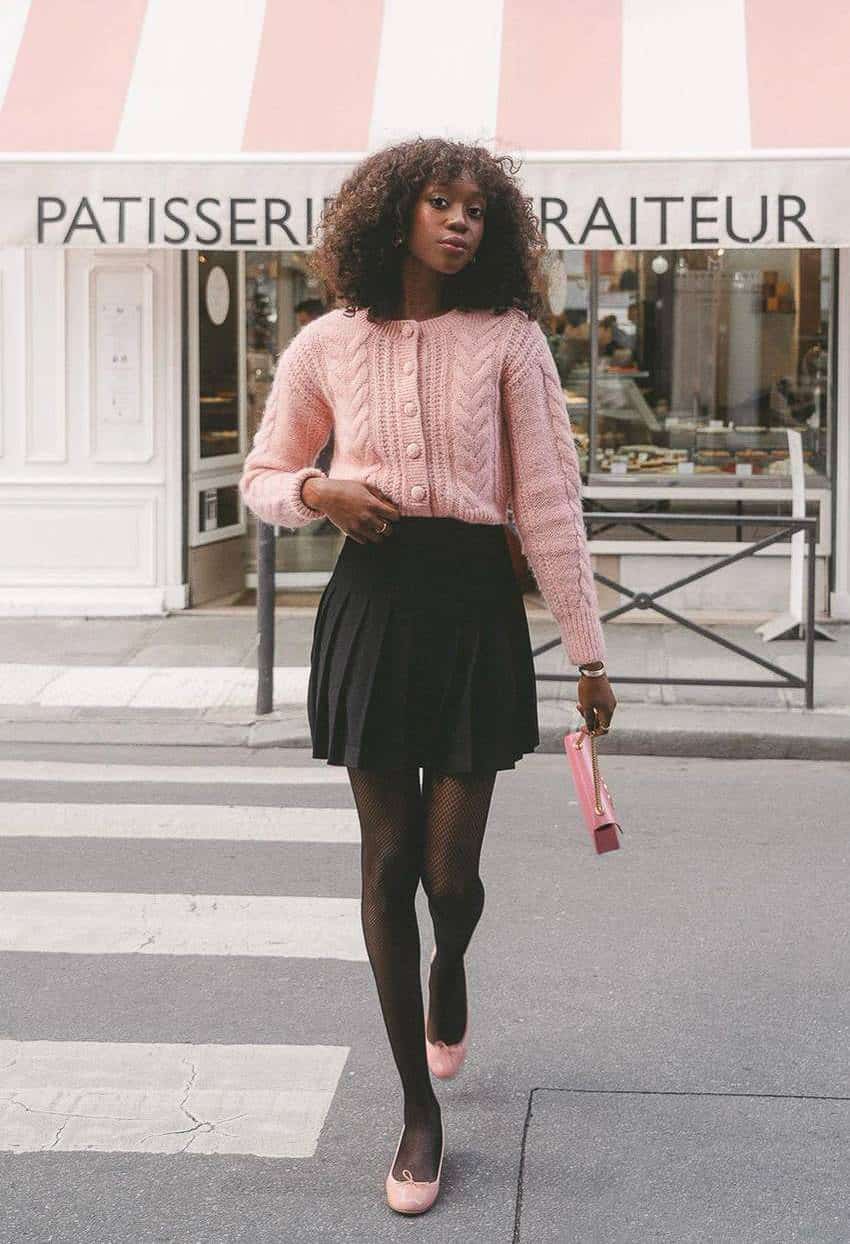 Pink Cardigan Over Pleated Mini Skirt with Ballet Flats Pink Cardigan Over Pleated Mini Skirt with Ballet Flats — Going Out Outfits Black Women
