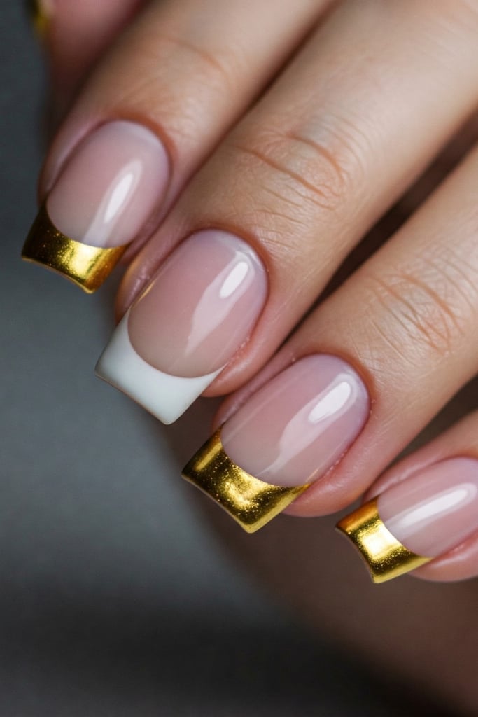 Gold Foil White French Medium Square Nails Gold Foil White French Medium Square Nails — Gold French Tip Nails
