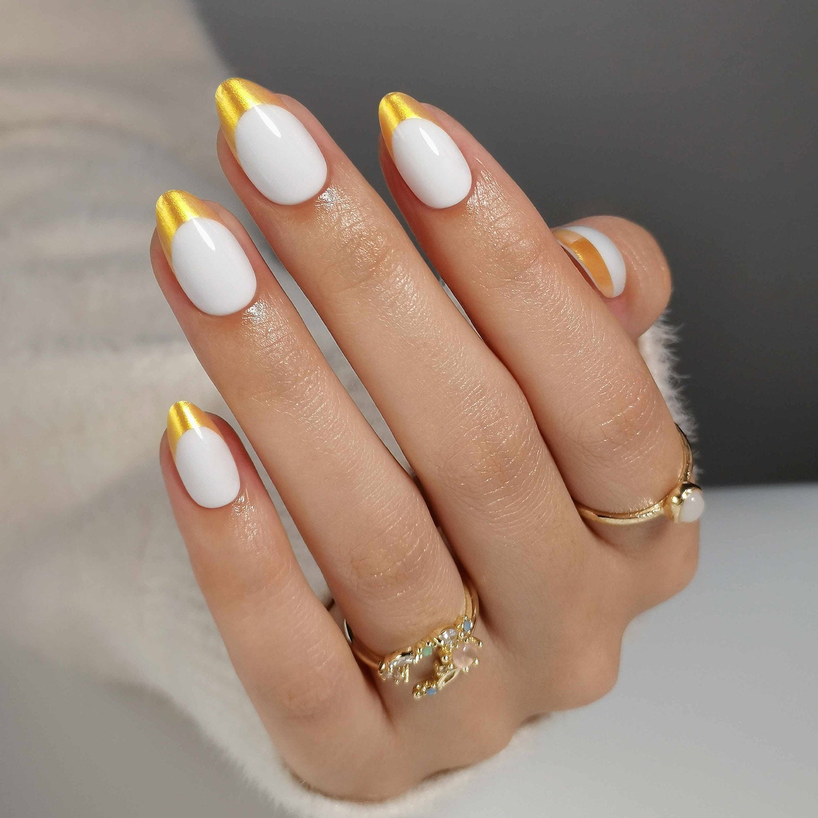 Gold Foil Tips White Base Medium Almond Nails Gold Foil Tips White Base Medium Almond Nails — Gold French Tip Nails
