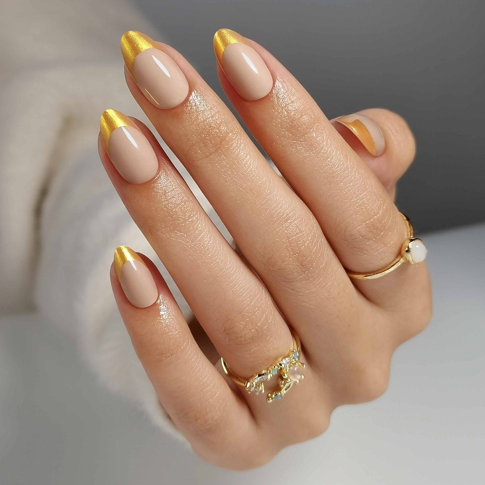 Gold Foil Band Medium Almond Nails Gold Foil Band Medium Almond Nails — Gold French Tip Nails