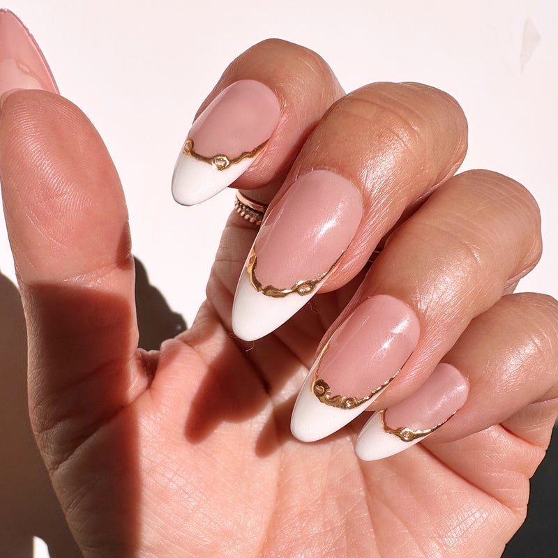 Gold Line And Beads French Almond Nails Gold Line And Beads French Almond Nails — Gold French Tip Nails
