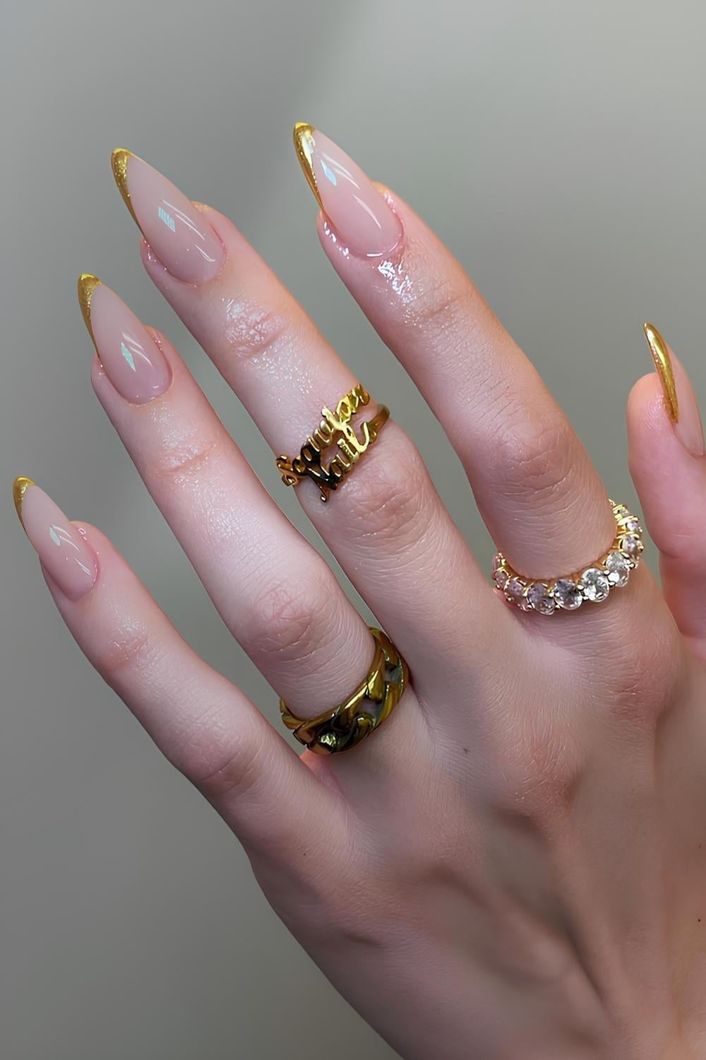 Striking Gold French Tips Long Almond Nails, Glossy Striking Gold French Tips Long Almond Nails, Glossy — Gold French Tip Nails