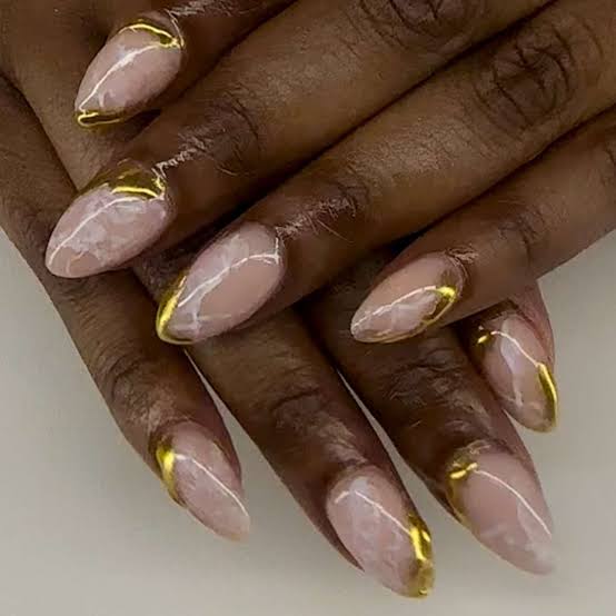 Delicate Gold Line French Tips Medium Almond Nails Delicate Gold Line French Tips Medium Almond Nails — Gold French Tip Nails