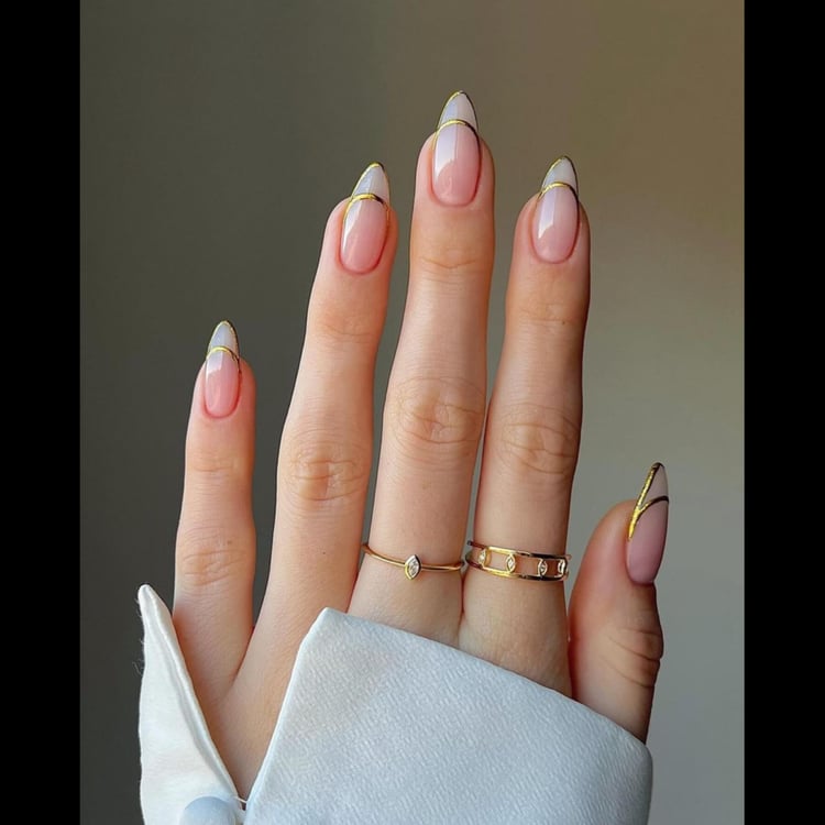 Double Gold Line French Almond Nails Double Gold Line French Almond Nails — Gold French Tip Nails