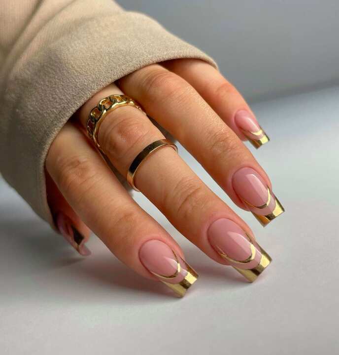 Double Gold Line Long Square French Nails Double Gold Line Long Square French Nails — Gold French Tip Nails