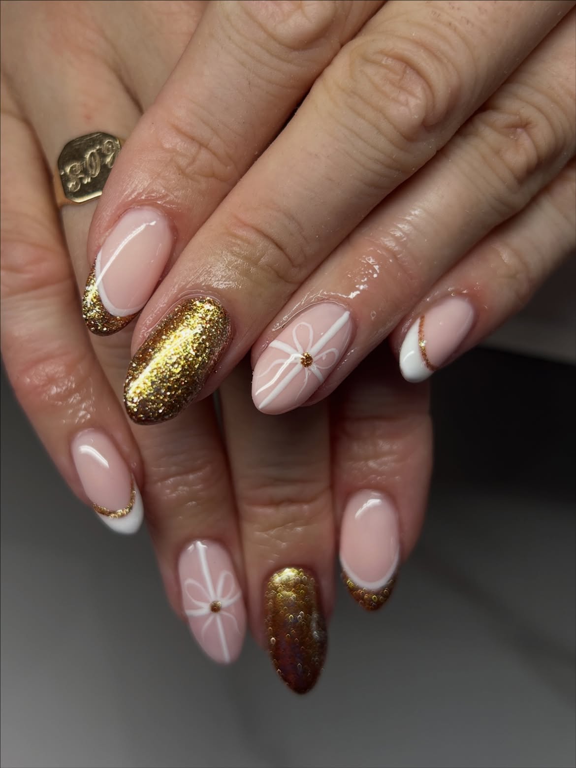 Gold Glitter French Tip Bow Detail Nails