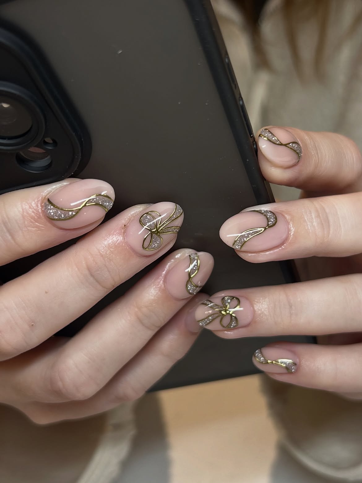 Gold Ribbon Bow French Tips with Sparkle